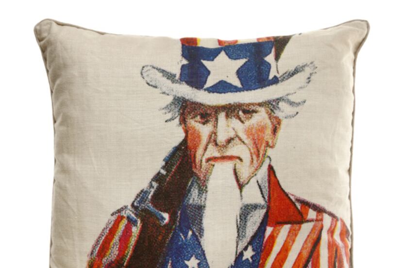 Featuring Uncle Sam’s stern visage, a printed linen accent pillow, $172, is from Mary Cates,...