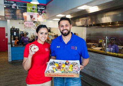 Store Manager Sunny Bassi (left) will operate Duck Donuts in Addison for owner Dr. Gary...