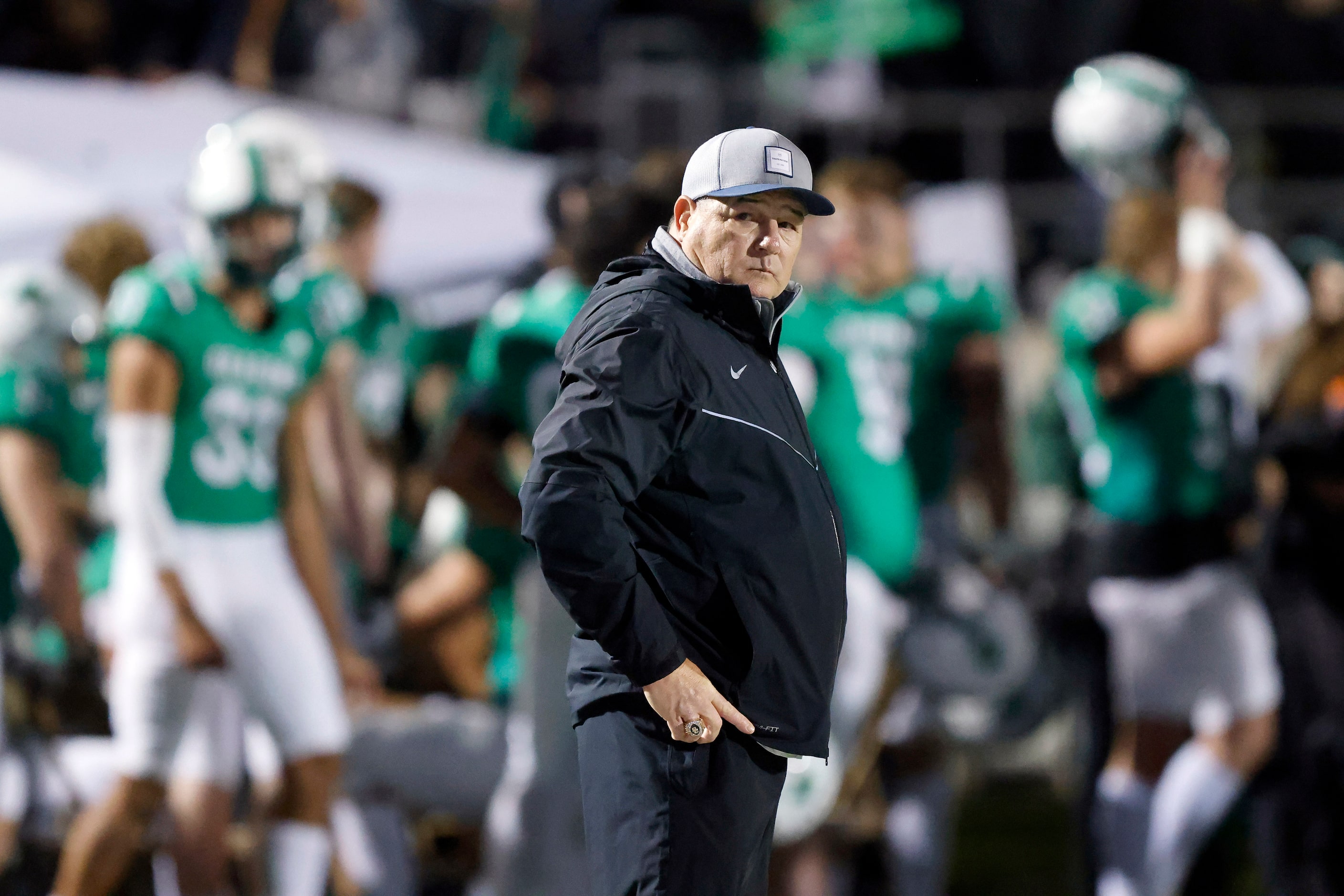 Former Southlake Carroll head coach Todd Dodge watches the football game against Byron...