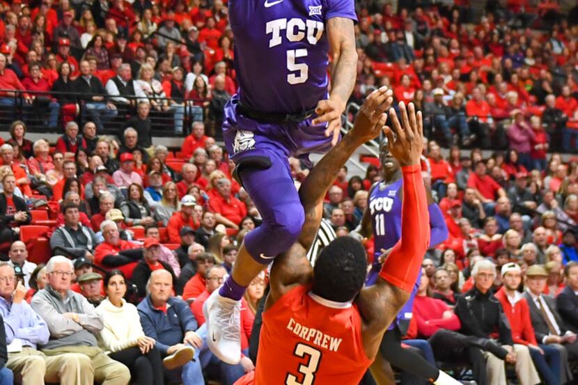 LUBBOCK, TX - JANUARY 28: Kendric Davis #5 of the TCU Horned Frogs is called for the...