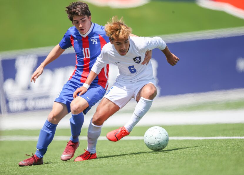 Grand Prairie center attack midfielder Eduardo Rodriguez (6) dribbles the ball away from Sam...