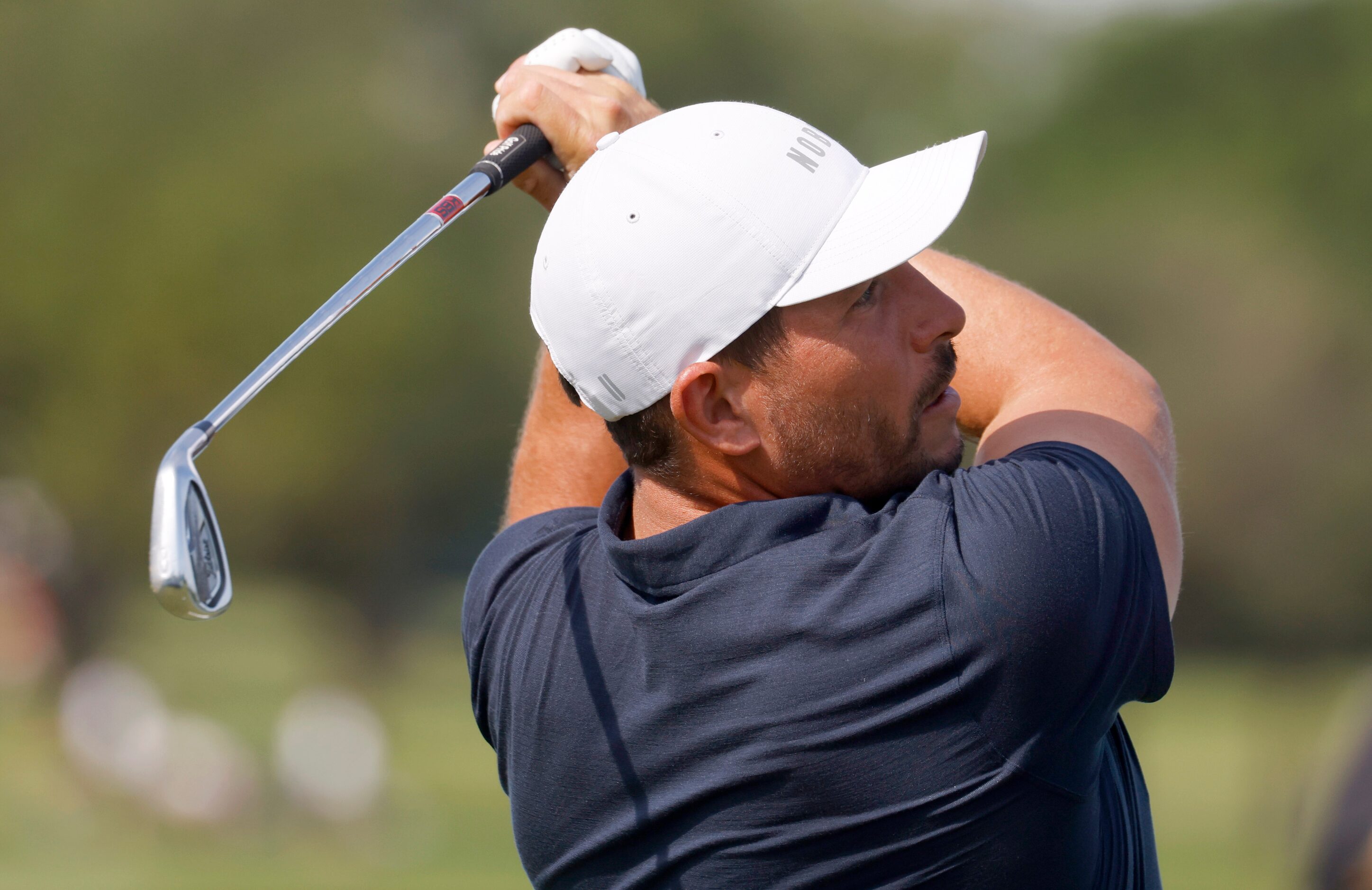 Scott Stallings hits from the tee box on the 15th hole during round 3 of the AT&T Byron...