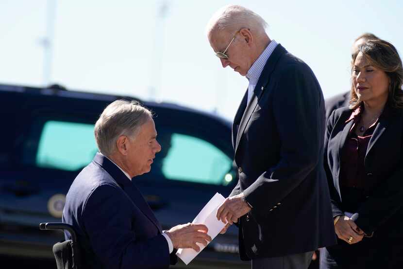Texas Gov. Greg Abbott met President Joe Biden at the El Paso airport on Sunday and handed...