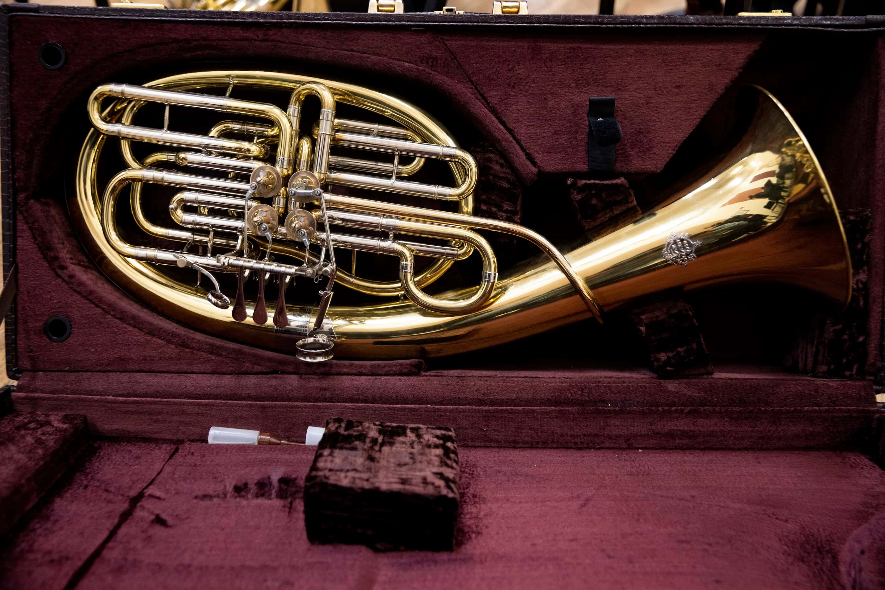A Wagner tuba sits in its case during the orchestral rehearsal for Dallas Opera’s Das...