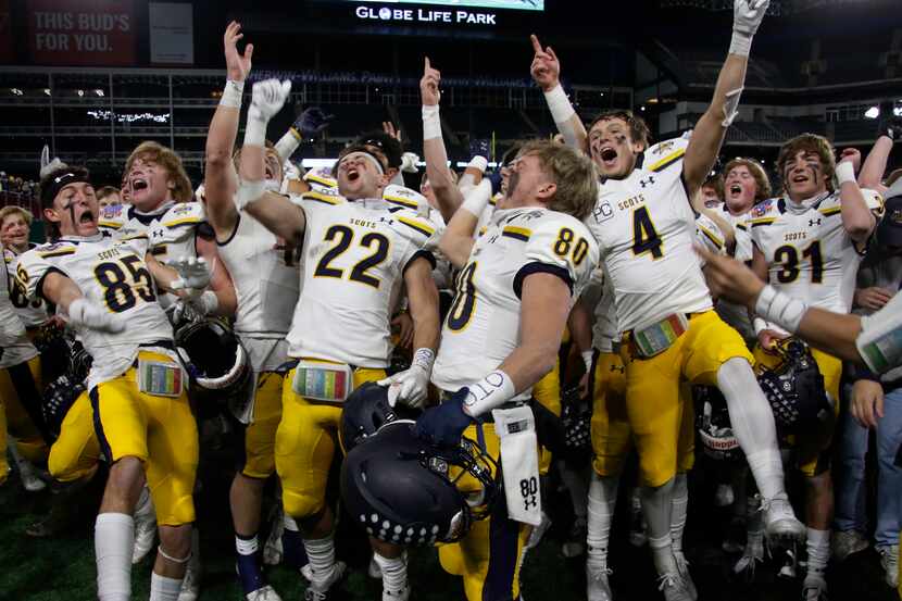 Highland Park Scots players celebrate with great intensity following their 30-20 victory...