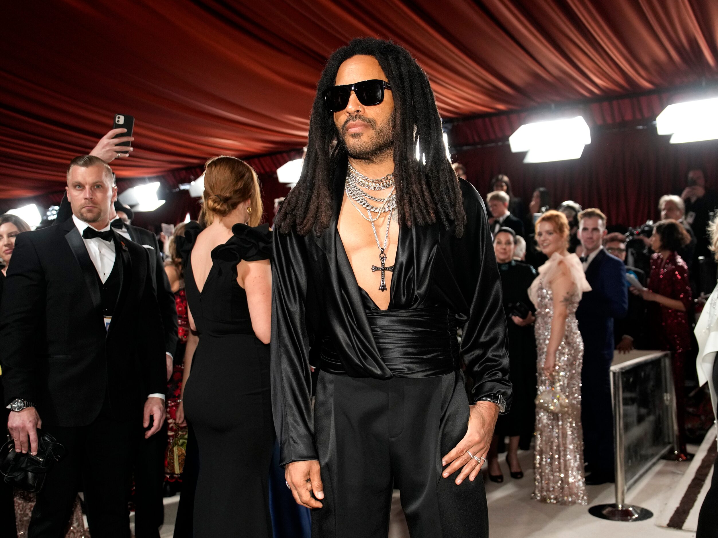 Lenny Kravitz arrives at the Oscars on Sunday, March 12, 2023, at the Dolby Theatre in Los...