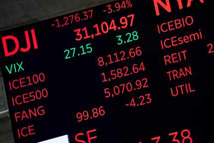 A screen at the New York Stock Exchange on Sept. 13, 2022, shows a nearly 4% plunge in the...