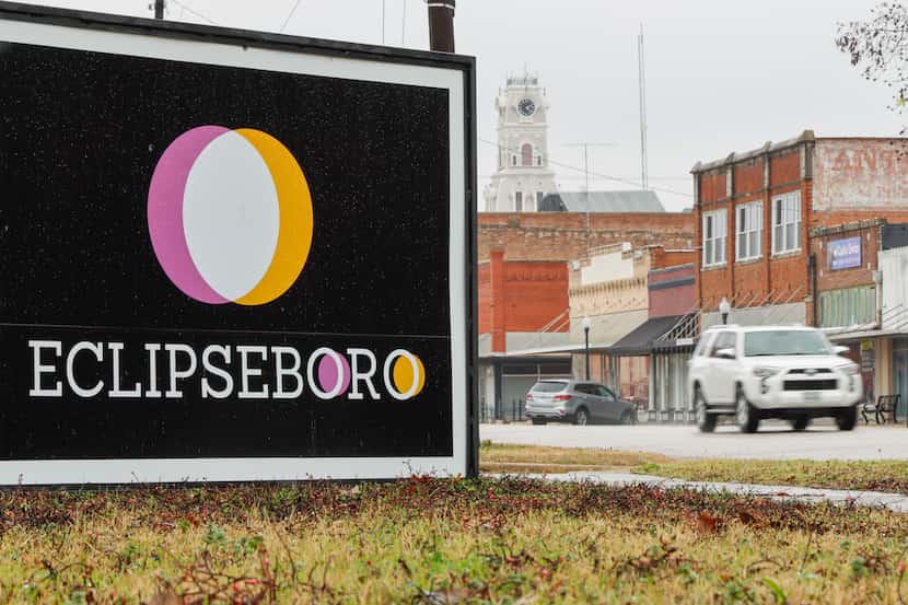 An “Eclipseboro” sign is seen near the square Jan. 23 in Hillsboro. Hillsboro is rebranding...