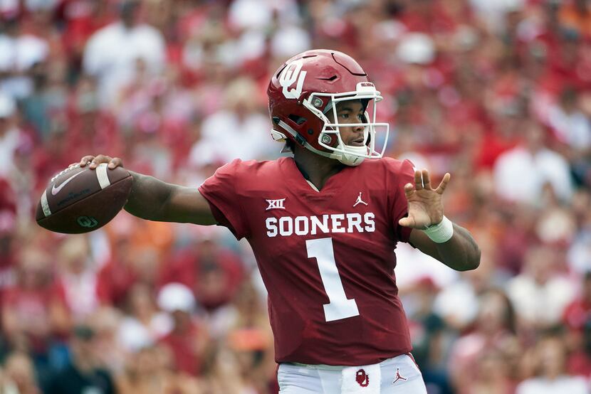 FILE - In this Oct. 6, 2018, file photo, Oklahoma quarterback Kyler Murray (1) throws a pass...