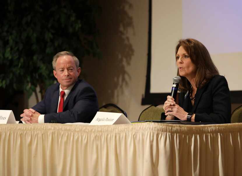Candidates Phillip Huffines and Angela Paxton discuss their policies during a Republican...