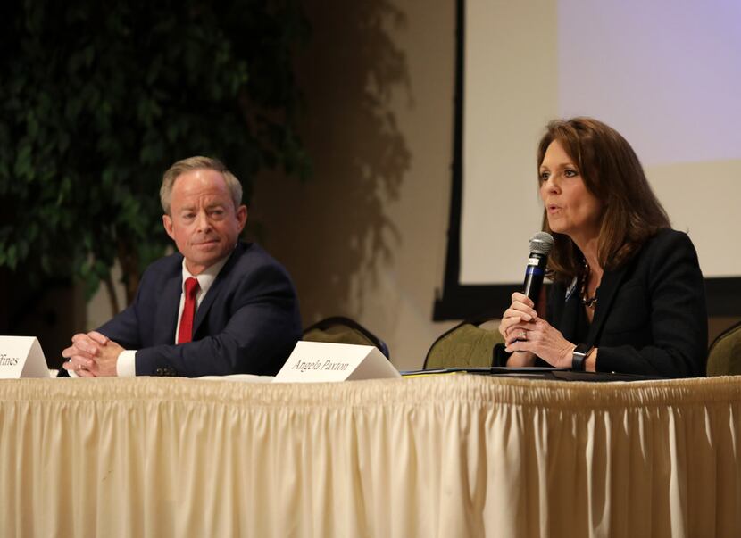 Candidates Phillip Huffines and Angela Paxton discuss their policies during a Republican...