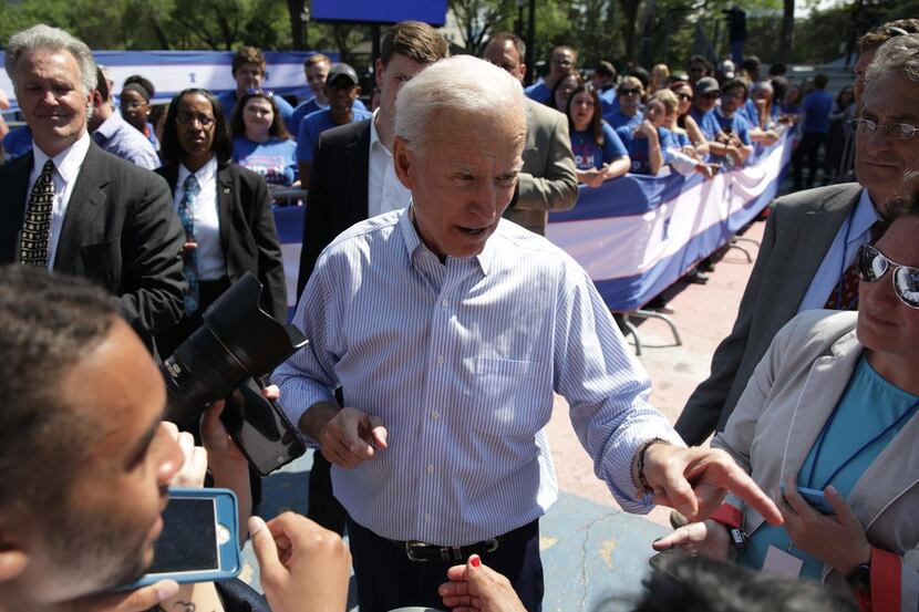 Former U.S. vice president Joe Biden greets supporters during the kick off his presidential...