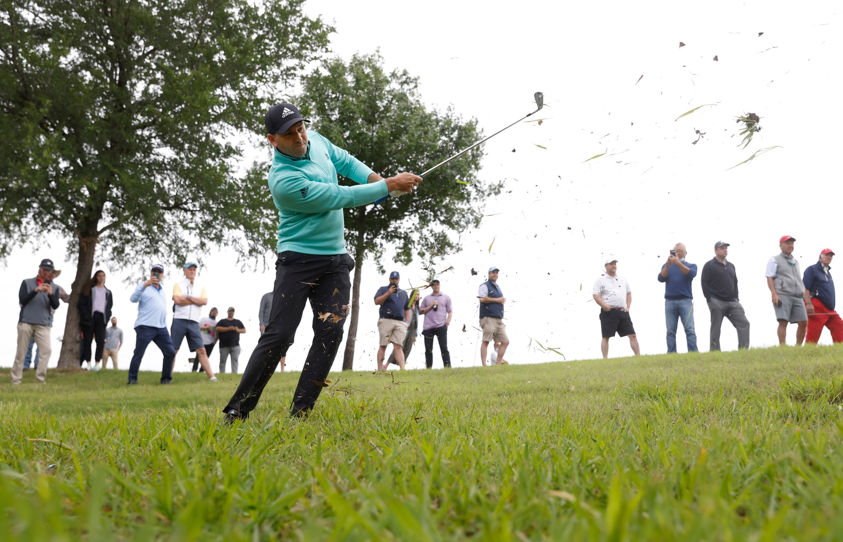 Sergio Garcia hits from the rough on the 16th hole during round 1 of the AT&T Byron Nelson ...