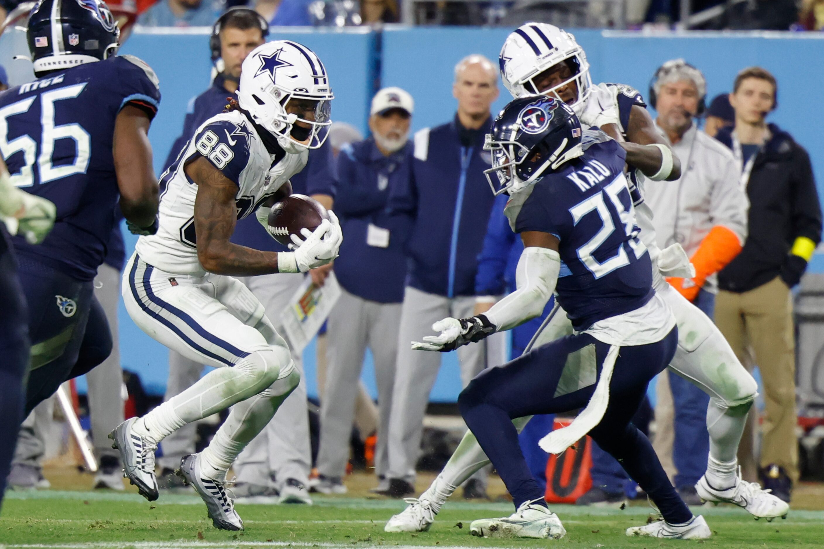 Dallas Cowboys wide receiver CeeDee Lamb (88) runs with the ball after a catch towards...