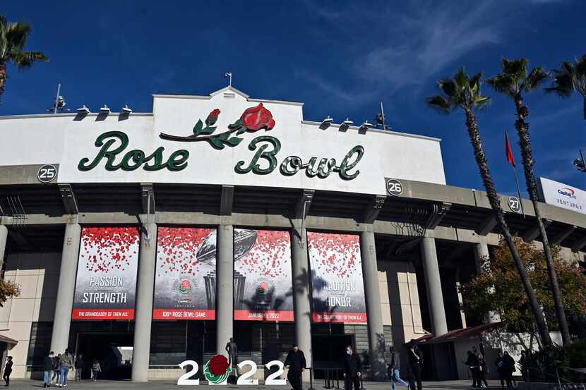 The exterior of the stadium is seen before the Rose Bowl NCAA college football game between...