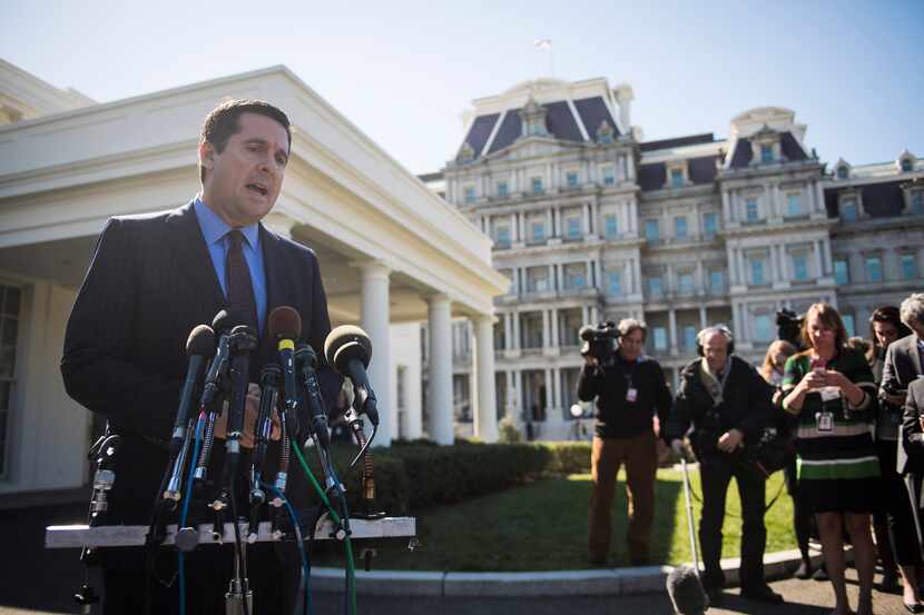 Rep. Devin Nunes, R-Calif., seen speaking with reporters outside the West Wing of the White...