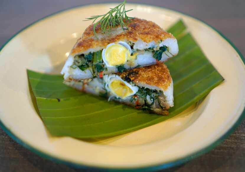 Khao Gang's Mok Rice Cakes are stuffed with chives, garlic, lemongrass and dill.