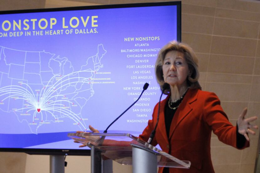 Former U.S. Sen. Kay Bailey Hutchison speaks at a news conference at Love Field.