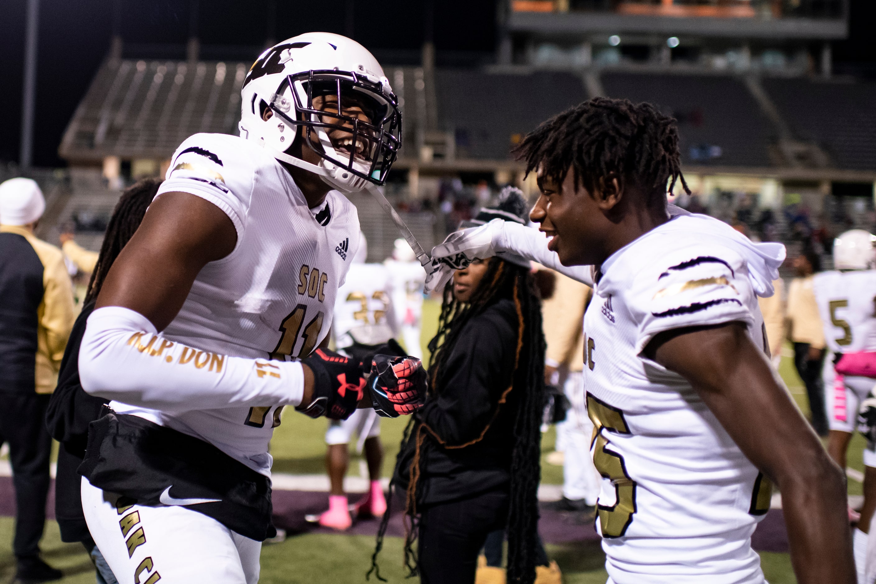 South Oak Cliff sophomore Jamyri Cauley (11) exclaims after making a play on offense during...