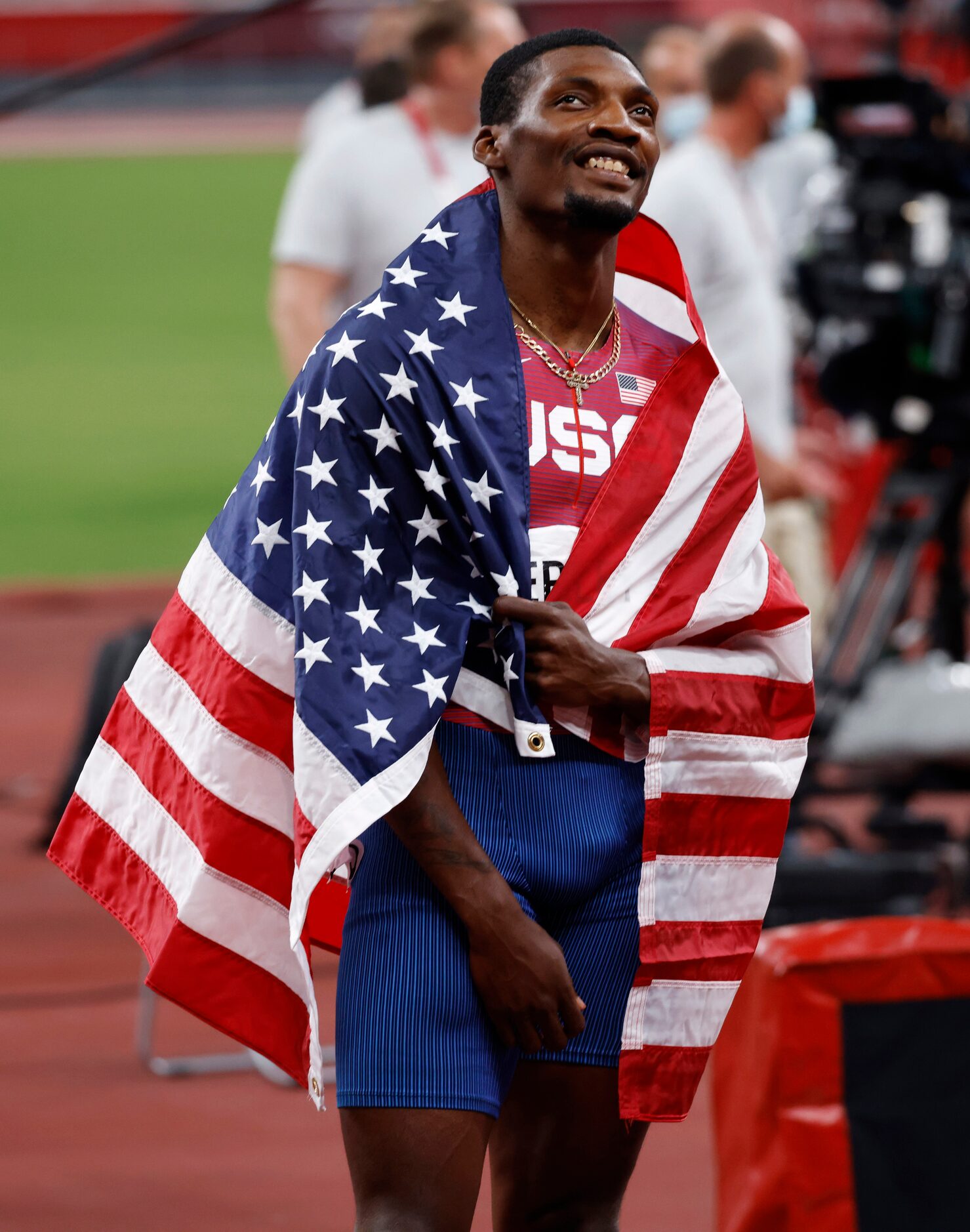 USA’s Fred Kerley celebrates after finishing in second place in the men’s 100 meter final...