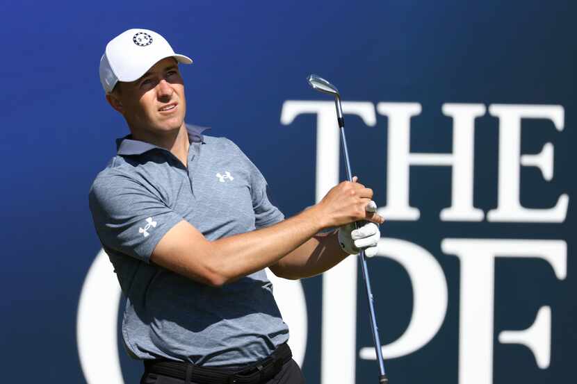 United States' Jordan Spieth watched his tee shot on the 17th hole during a practice round...