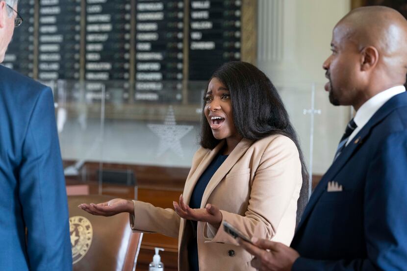 State Rep. Jasmine Crockett, D-Dallas, reacts to her being named freshman of the year of the...