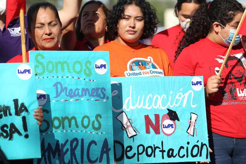 People demonstrate in support of DACA, Deferred Action for Childhood Arrivals, at LUPE (La...
