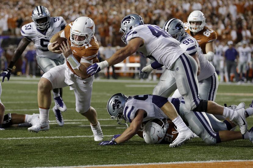 AUSTIN, TX - OCTOBER 07:  Jayd Kirby #46 of the Kansas State Wildcats tackles Sam Ehlinger...