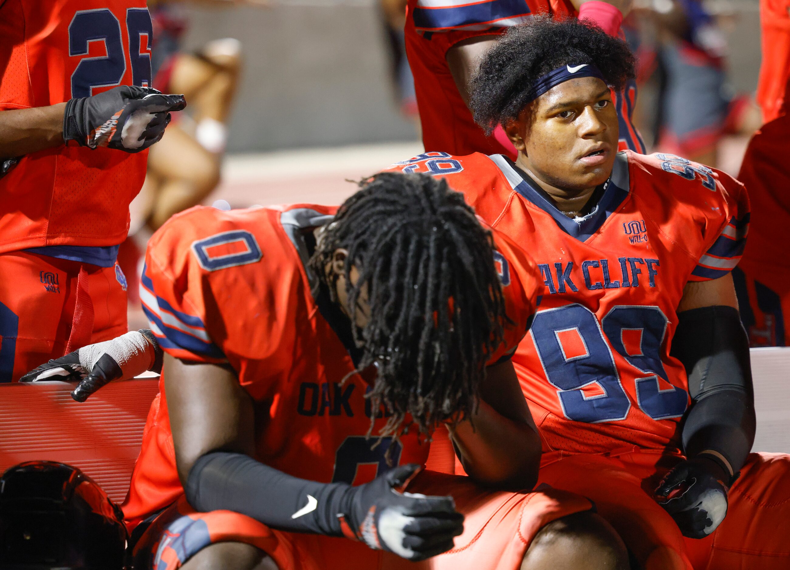 Kimball’s Kesean Clark (left) and Keller Patterson remain disappointed after falling behind...