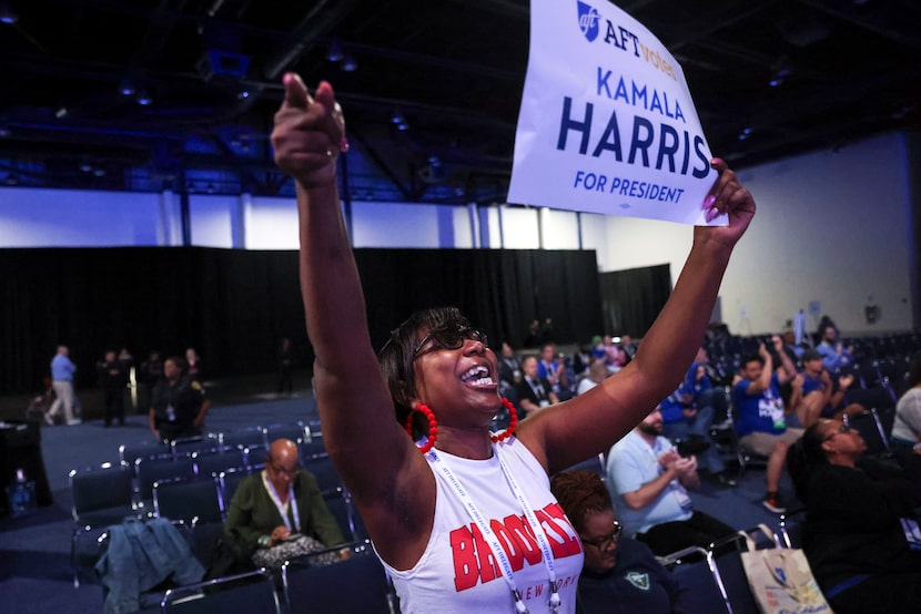 Vice President Kamala Harris is greeted with cheers as she takes the stage during the...