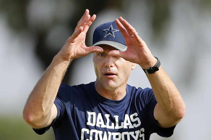 Dallas Cowboys linebackers coach Matt Eberflus signals to his players during afternoon...