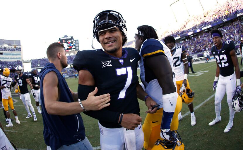 TCU quarterback Kenny Hill (7) celebrates following an NCAA college football game against...