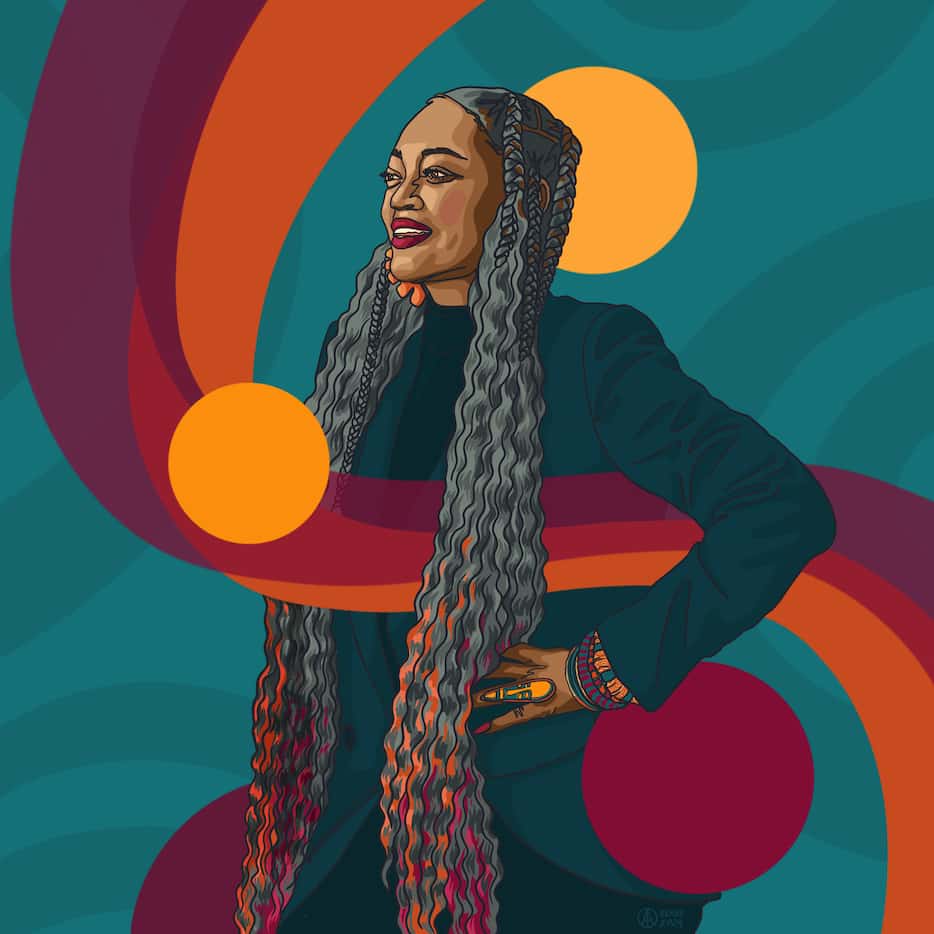 Digital media art showing an African American woman with long hair surrounded by colorful...