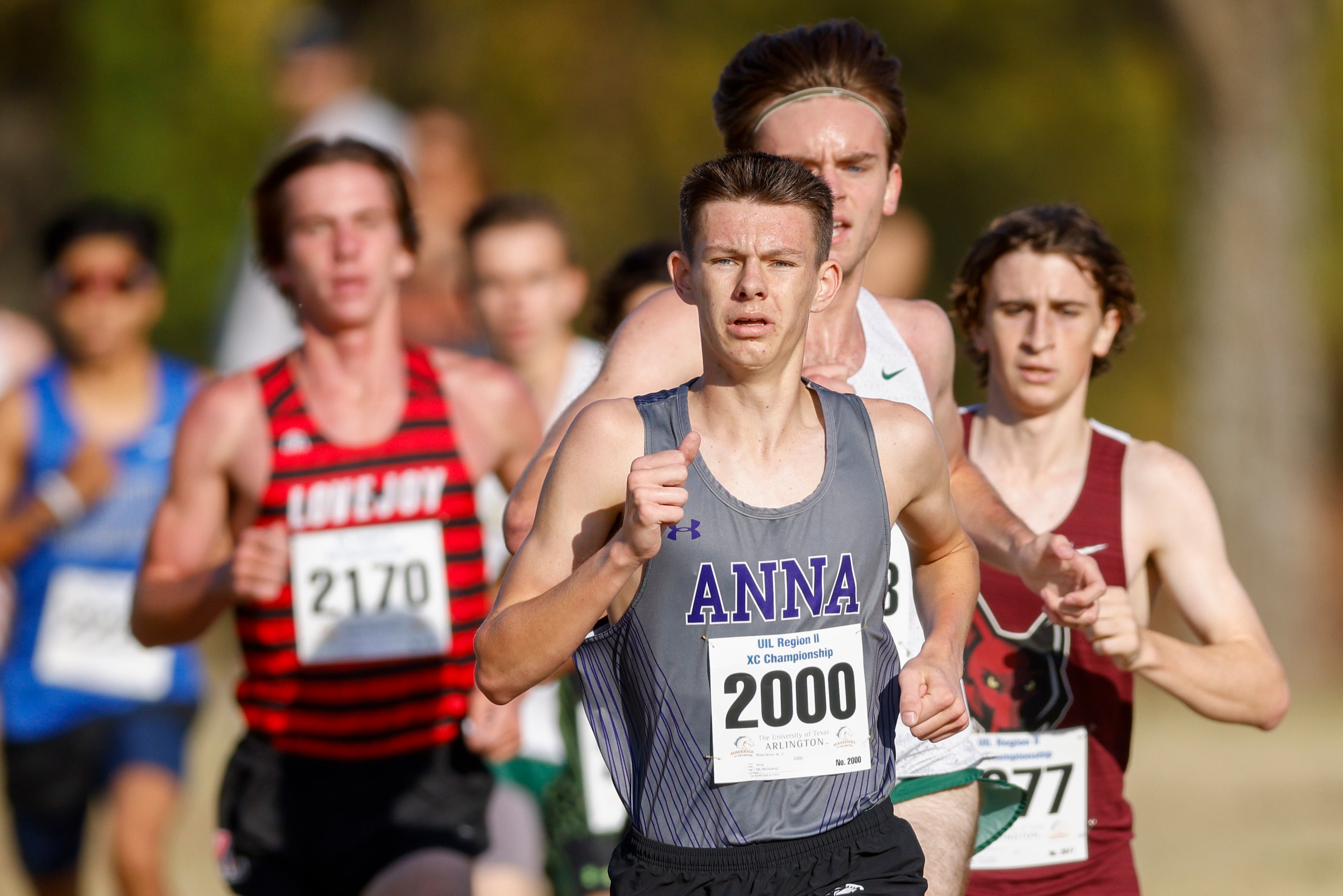 Anna’s Bryce Denton leads the pack during the UIL Class 5A Region II cross country meet,...