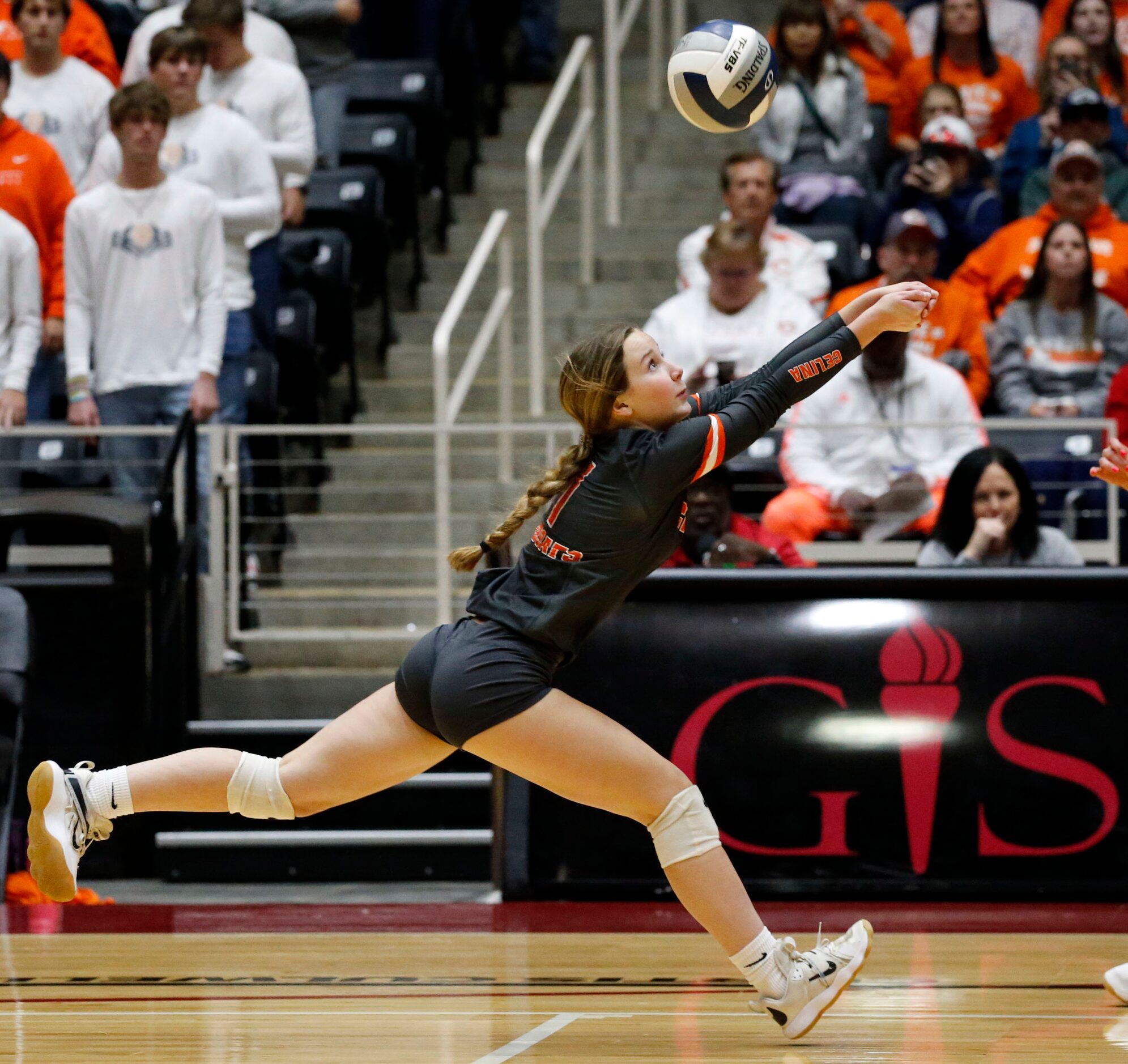 Celina's Morgan Kelley (1) hustles to make a save during the Class 4A state semifinal...