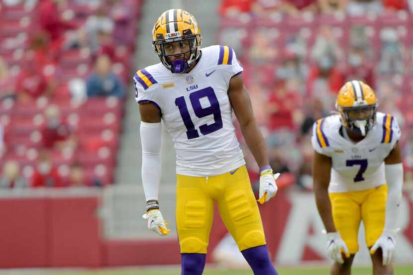 LSU defensive back Jabril Cox (19) against Arkansas during an NCAA college football game...