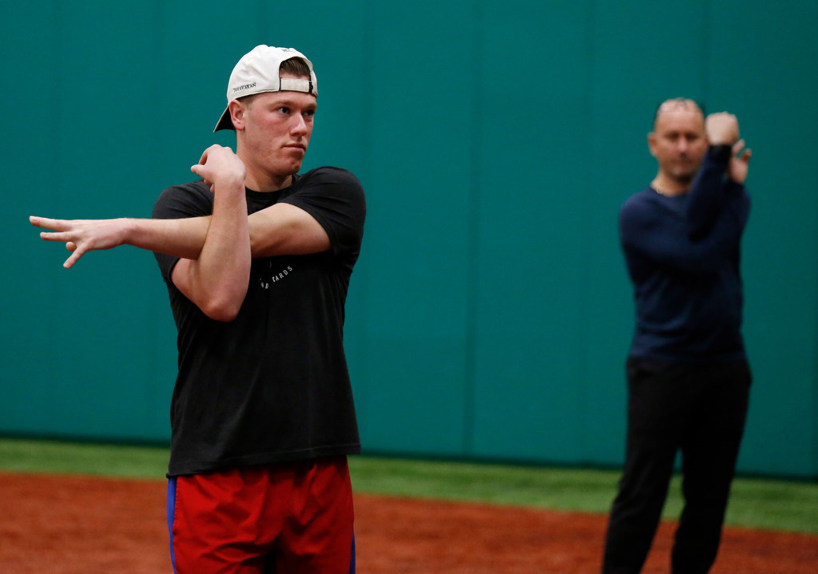 Texas Rangers pitcher Kolby Allard (39) stretches during the Texas Rangers mini camp at...