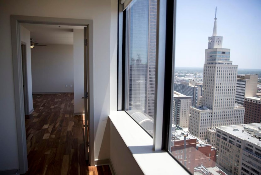 Views from a large apartment at the LTV Building feature views of downtown Dallas Tuesday,...