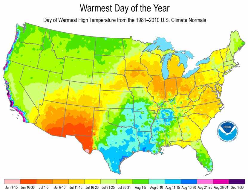 This map shows when U.S. cities typically see their hottest day of the year based on climate...