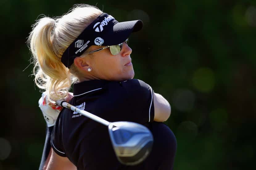 IRVING, TX - MAY 03:  Natalie Gulbis hits a tee shot on the 18th hole during Round Three of...