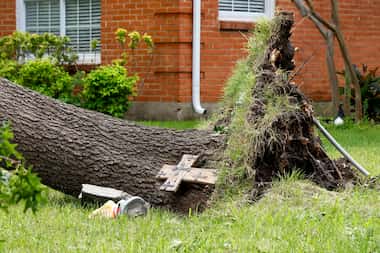 A cross is seen on a large uprooted tree in the Casa Linda neighborhood after severe...