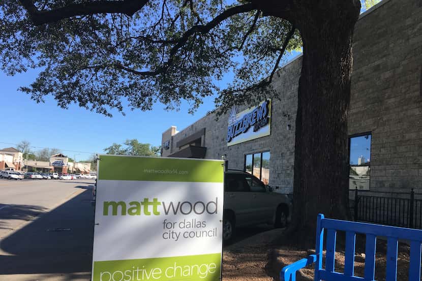 A Matt Wood sign outside the BuzzBrews Lakewood location on Live Oak Street.