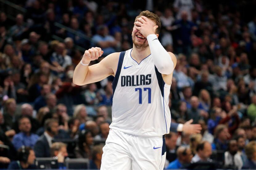 Dallas Mavericks forward Luka Doncic (77) reacts to an official call on him during the first...