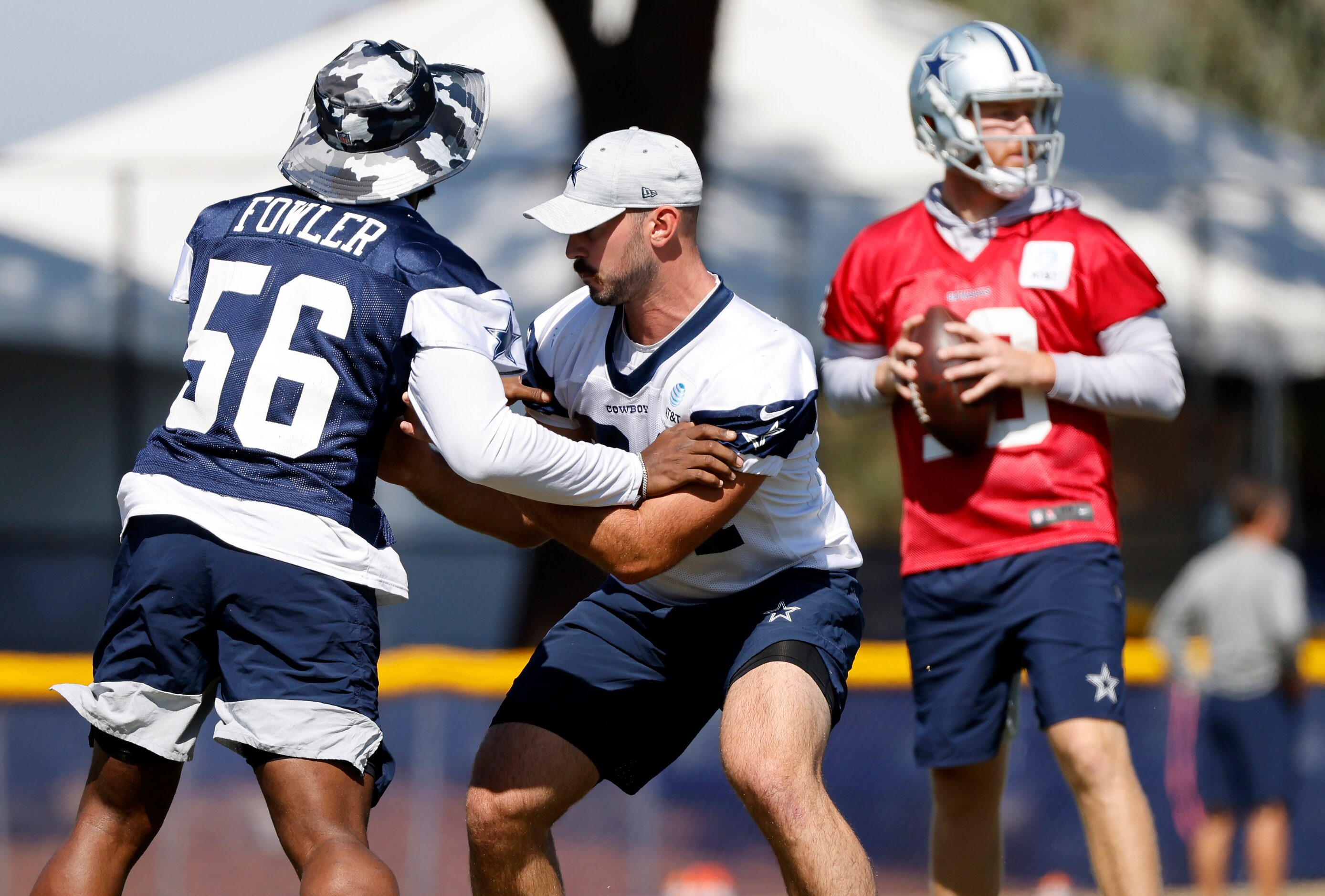 Dallas Cowboys tight end Sean McKeon (84) blocks defensive end Dante Fowler Jr. (56) during...