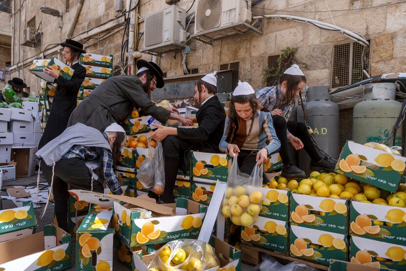 Ultra-Orthodox Jews collect food distributed to large families for free, in a special market...