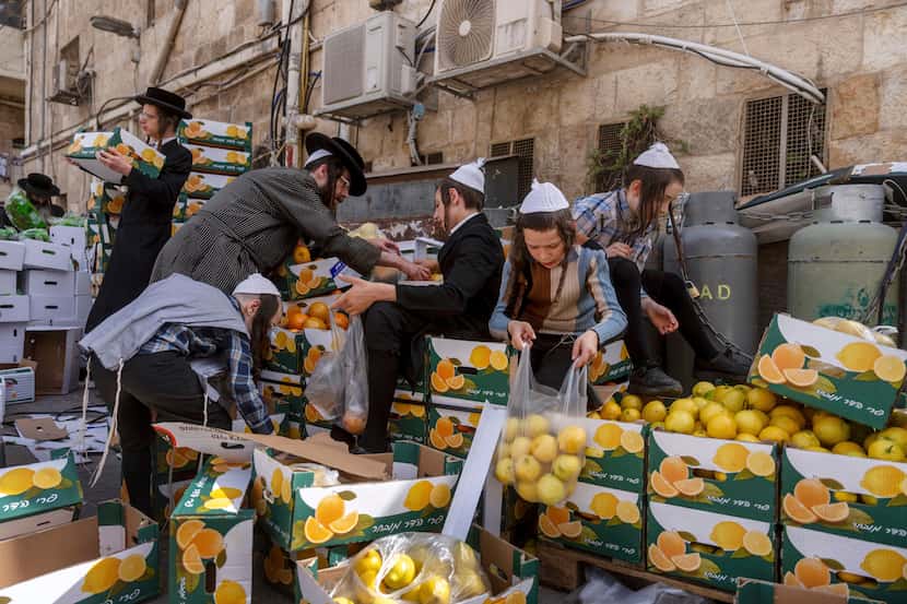 Ultra-Orthodox Jews collect food distributed to large families for free, in a special market...