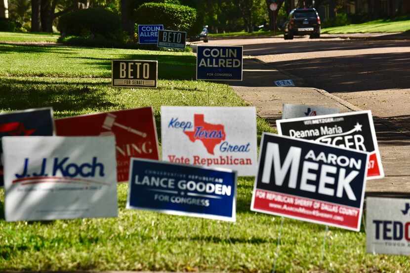 Political signs in the White Rock area of Dallas, Friday, Oct. 5, 2018. Ben Torres/Special...
