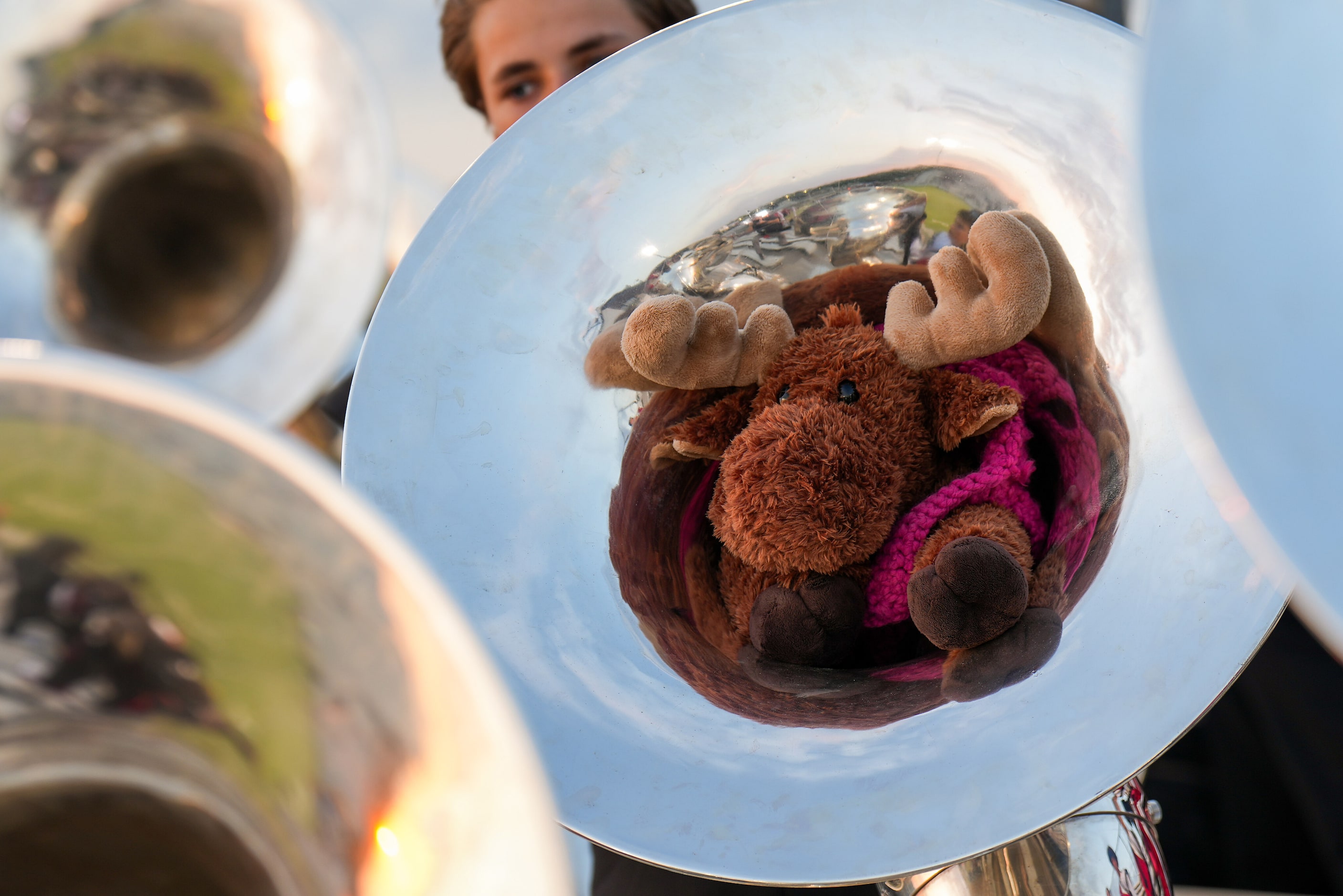 A plush toy rests in the horns of a member of the Argyle band before a District 3-5A...