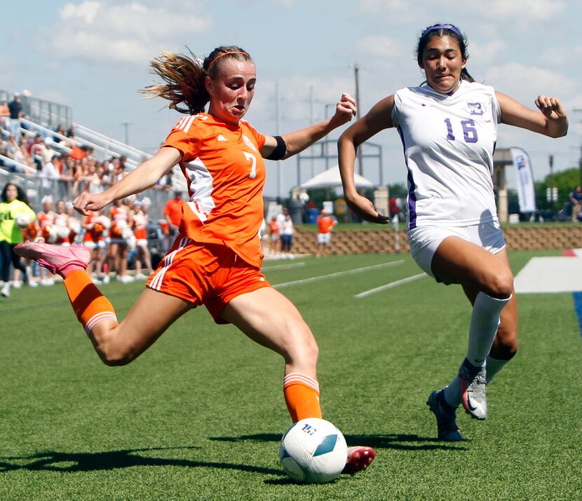 Celina's Lexi Tuite (7) fires a shot past Boerne defender Kassie Lozano (16) during first...
