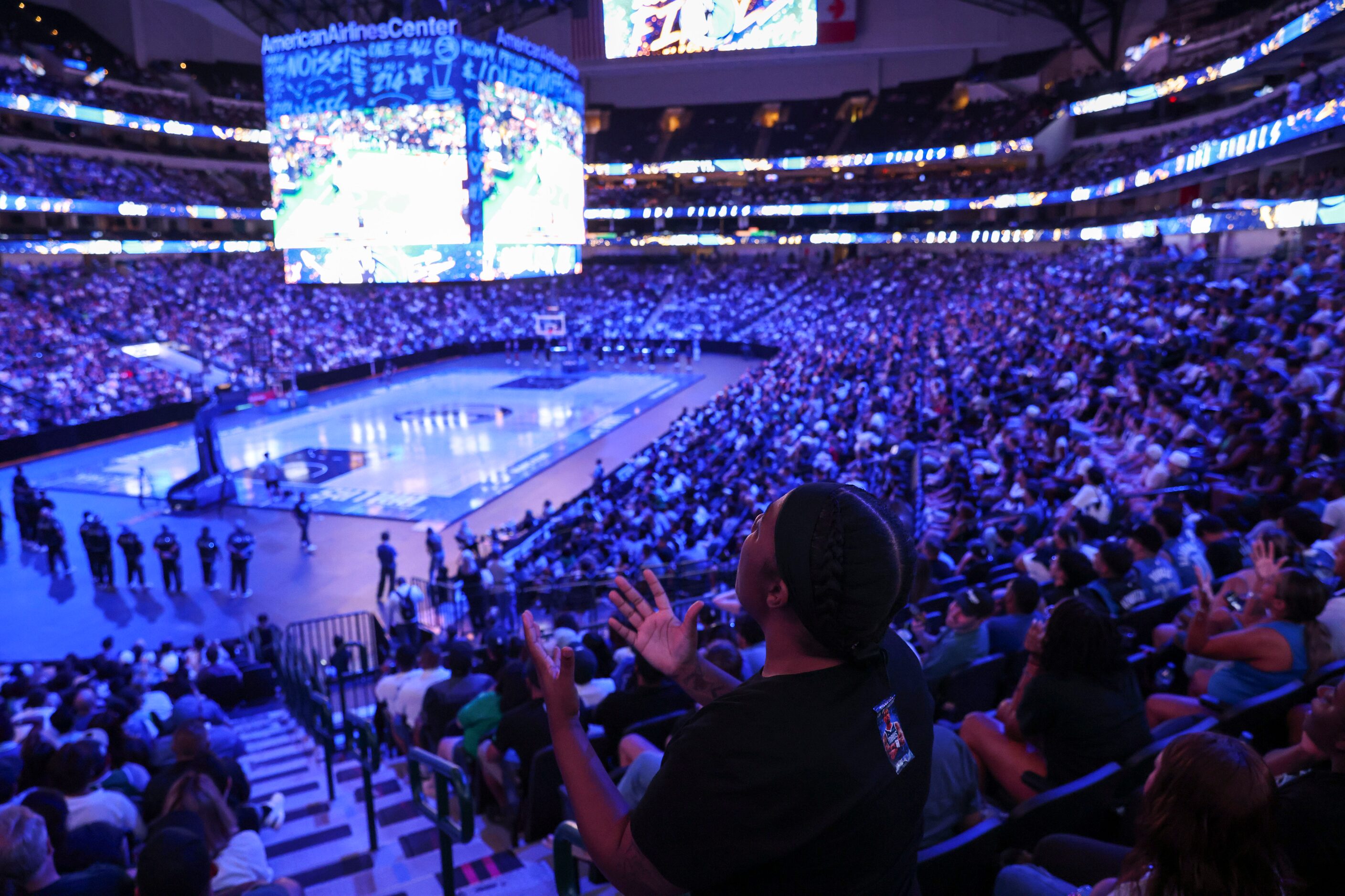 Dallas Mavericks fans reacts to a foul call during a watch party of Game 1 of the NBA Finals...